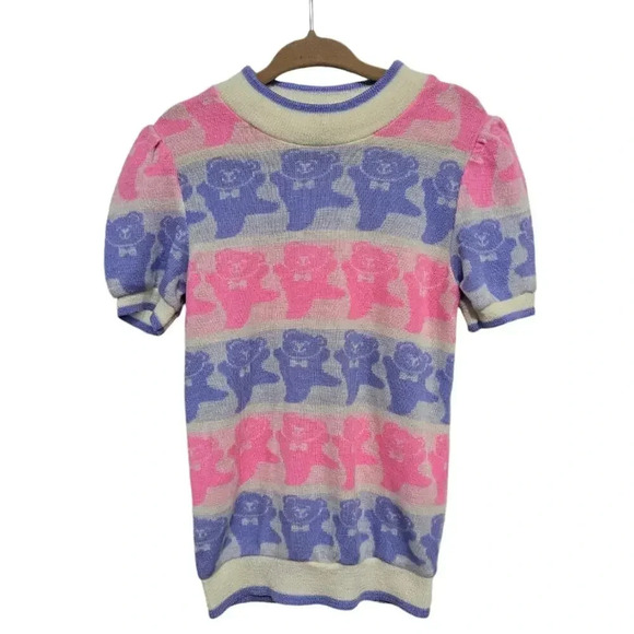 Vintage 1980s 1990s Bull Frog Pastel Bear Short Sleeve Knit Sweater 2T - Picture 5 of 5